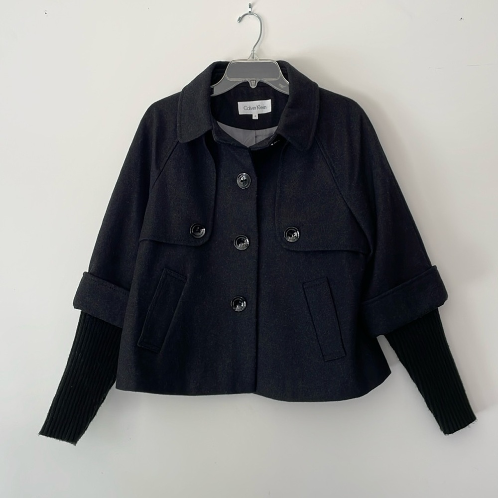 Calvin Klein Cropped Wool Blend Jacket with Sweater Accent Sleeves